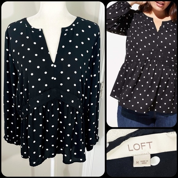 LOFT Black & White Polka Dot Long Sleeve Blouse - MEDIUM - Picture 1 of 14